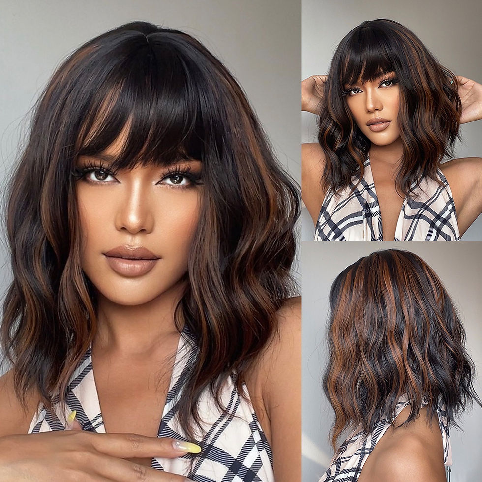 Thumbnail: ALAN EATON Auburn Synthetic Wigs with Bangs Short Wavy Wig Red Brown Curly Hair 