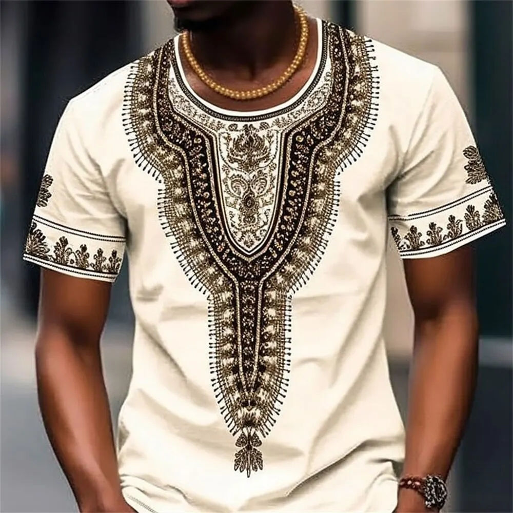 Summer Men's Vintage T-shirt Ethnic Style Printed Top Street Fashion O-Neck Shor