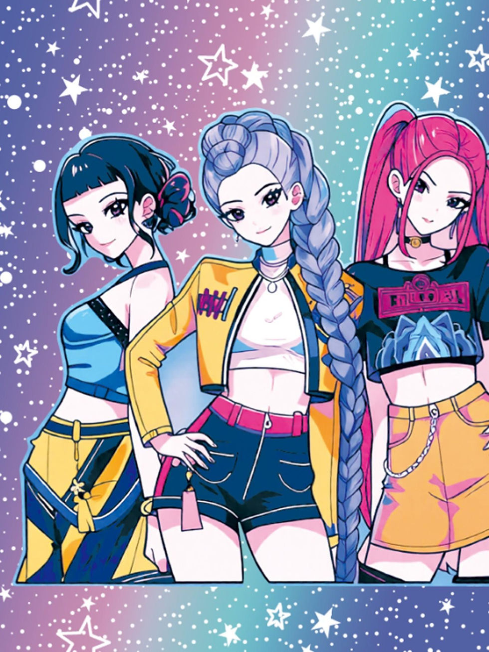 Thumbnail: Girls 2-Piece K-Pop Outfit - Galaxy Print Character T-Shirt & Rainbow Star Flare
