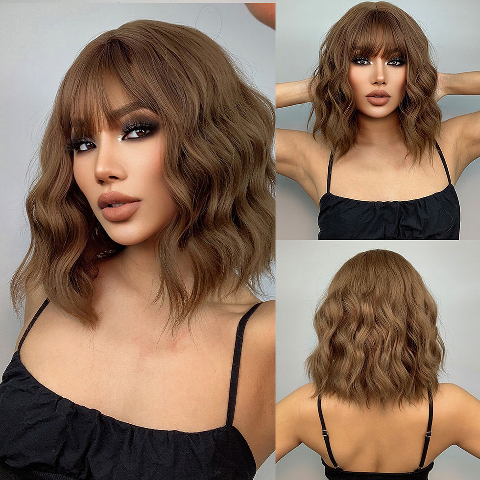 Thumbnail: ALAN EATON Auburn Synthetic Wigs with Bangs Short Wavy Wig Red Brown Curly Hair 
