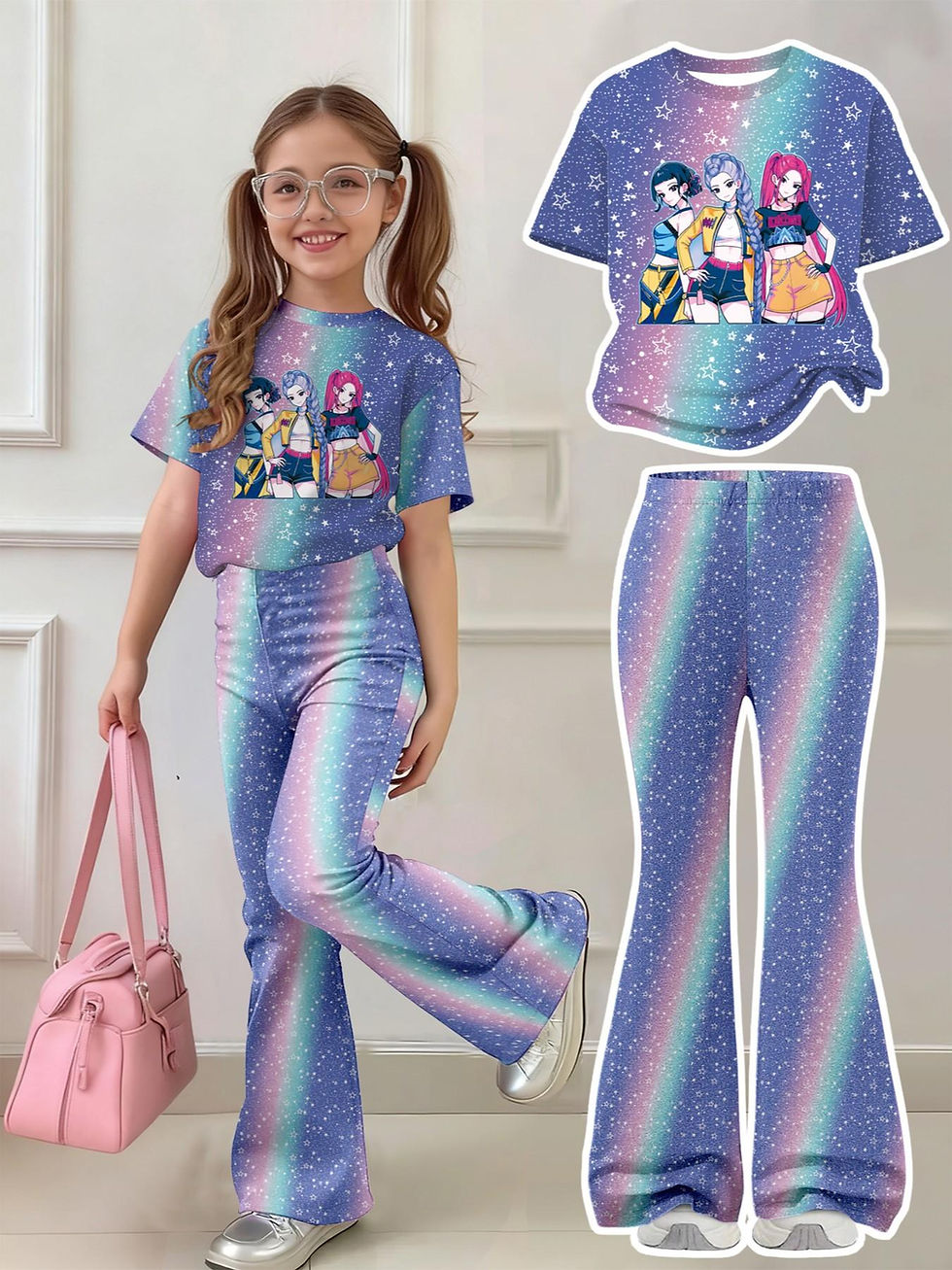 Thumbnail: Girls 2-Piece K-Pop Outfit - Galaxy Print Character T-Shirt & Rainbow Star Flare