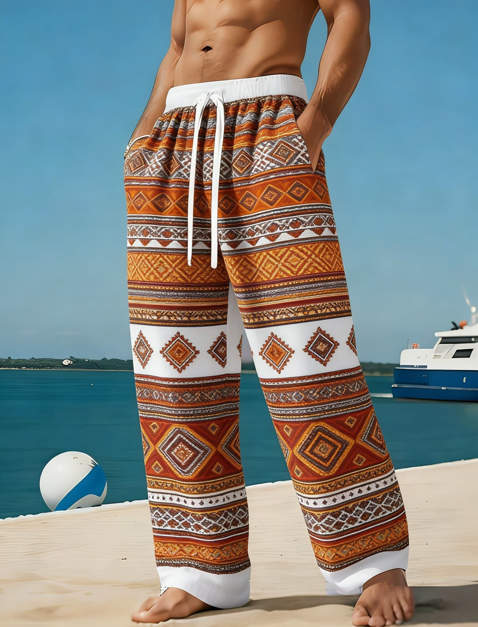 Men's Ethnic Diamond Geometric Stripe Print Casual Pants, Spring Summer Vacation
