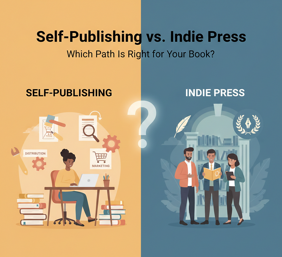 Illustration showing two paths representing self-publishing and indie press publishing options, symbolizing the decision authors face after completing their manuscript