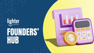 Feature image for the article: "Gross Margin vs. Net Margin: Two Startup Profitability Calculations." Purple calculator and chart with a dollar coin on a yellow background. Text reads "Lighter Capital Founders' Hub" on a blue side.
