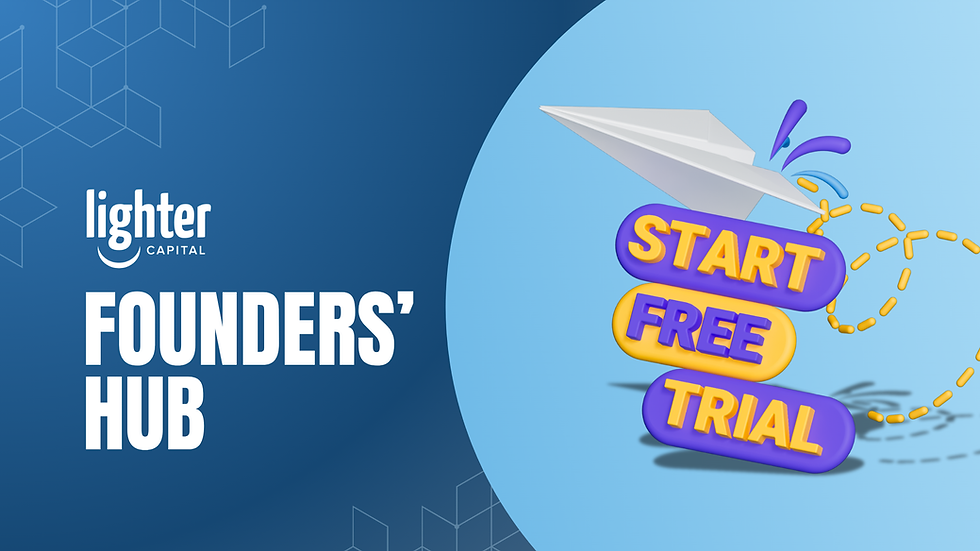 Feature image for the article: "CAC Efficiency: How to Optimize SaaS Customer Acquisition Costs." Showing a paper plane and "START FREE TRIAL" text in purple and yellow on a blue background with geometric patterns and "Founders' Hub" logo.