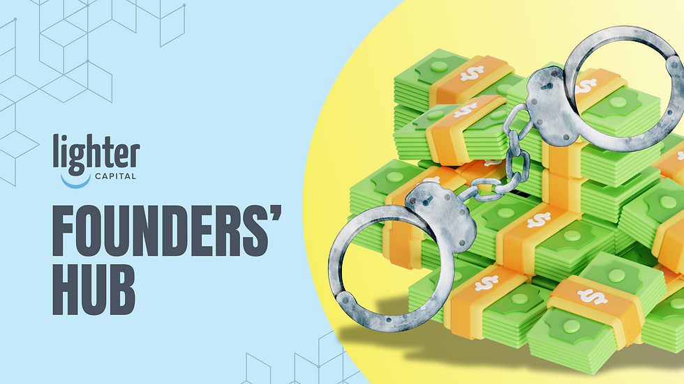Feature image for the article: "What Are Debt Warrants and Are They Good For Startups?" Handcuffs on green dollar stacks, with "Lighter Capital Founders' Hub" text on a blue and yellow background. Hexagonal pattern design.