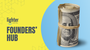 Feature image for the article: "How to Fund Working Capital in a Crunch." It shows rolled $100 bills tied with rubber band on blue background. Yellow section reads lighter capital, FOUNDERS' HUB. Geometric line art.