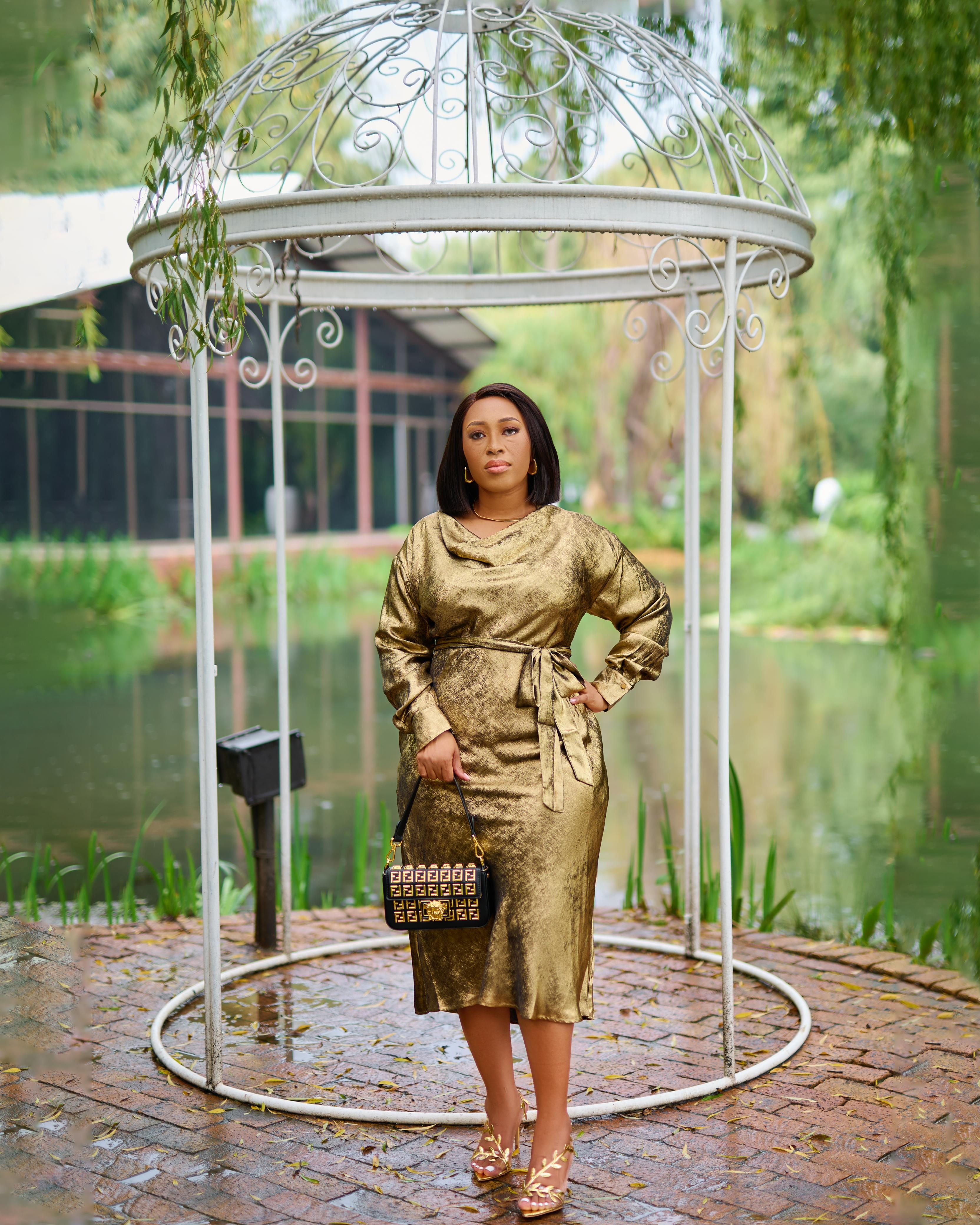 Liquid-Gold Satin Wrap Dress
