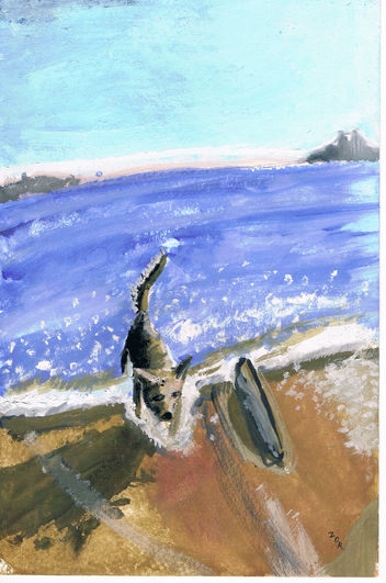 dog portrait, dog painting, pet portrait, beach, scruffy dog