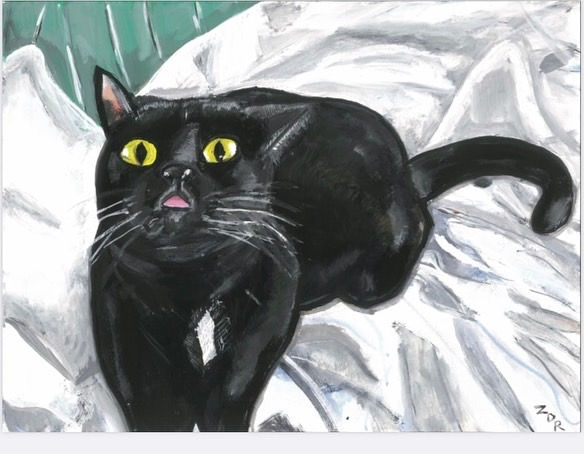 black cat, cat portrait, cat painting, Virginia plain,blep