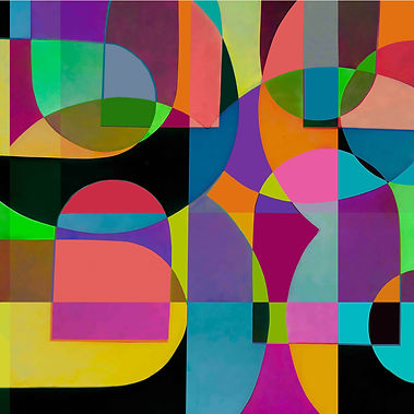 Abstract composition of overlapping pastel arcs and geometric shapes in cream, blush, lavender, and pale green, evoking Art Deco and Bauhaus design