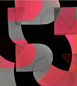 Abstract composition of muted rose red and gray geometric shapes with hints of green, balancing softness and structure with subtle texture