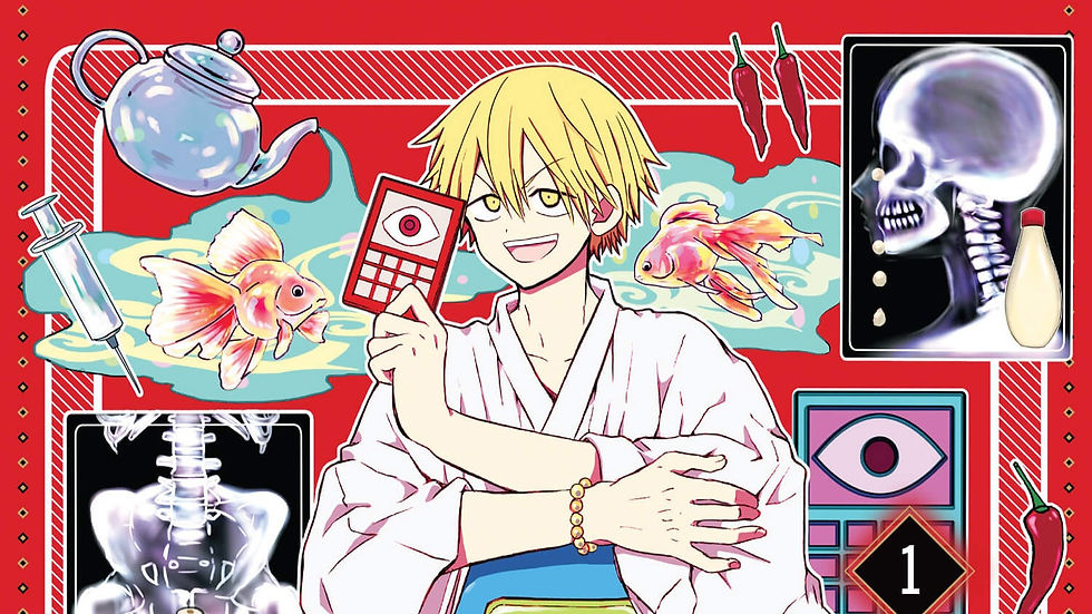 Blonde man center, goldfish, tea pot, chili, x-ray, mayonnaise