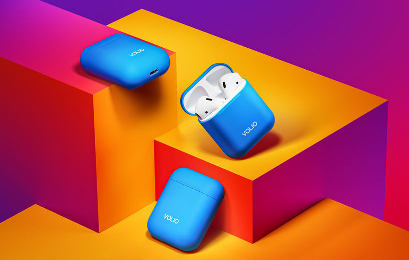 apple airpods case, vibrant blue and minimalistic. Full CG ad, commercial. Realistic VFX and CG product rendering in Los Angeles
