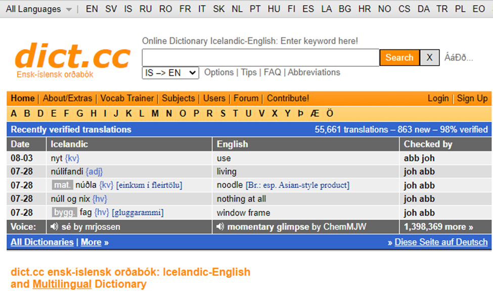 Ensk-íslensk orðabók á dict.cc