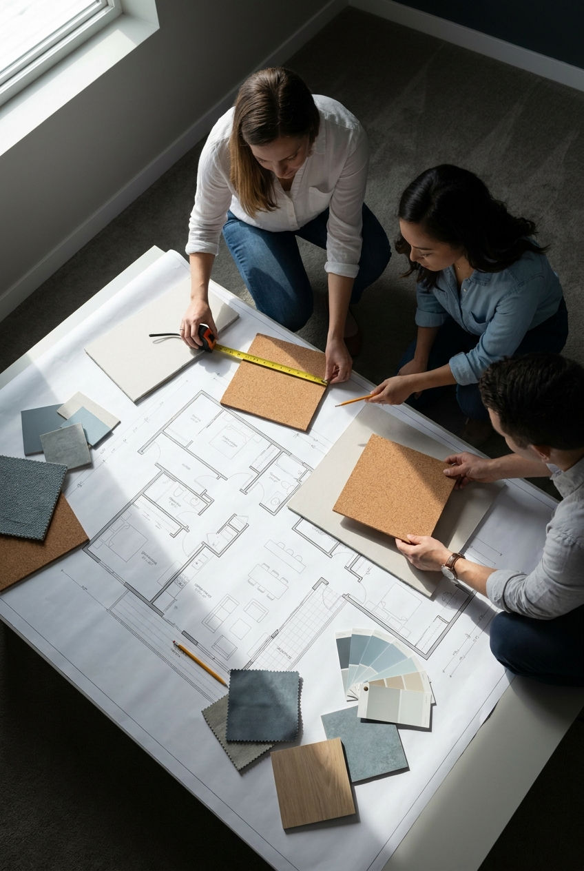 Team architetti durante un meeting analizza pannelli di sughero espanso della Tecnosugheri