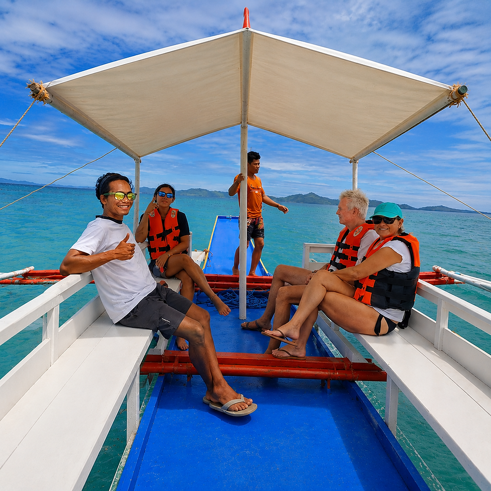 Tourists on a boat enjoying a Linapacan island tour.