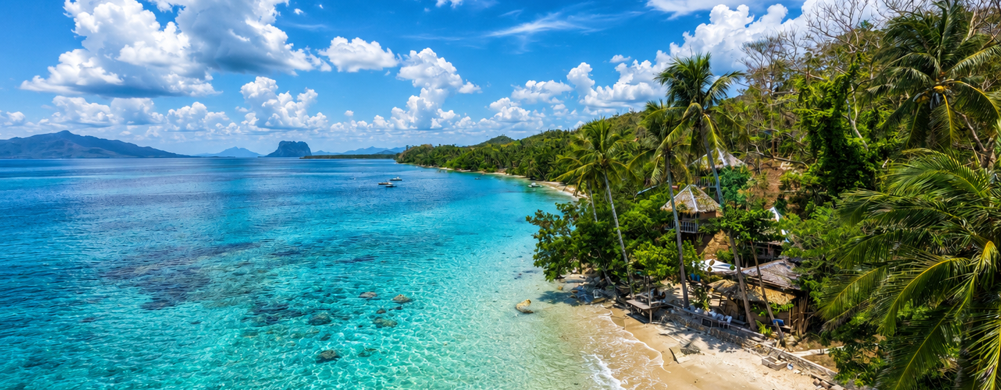 Turquoise waters, sandy beach, and palms at Kamp Tapik El Nido