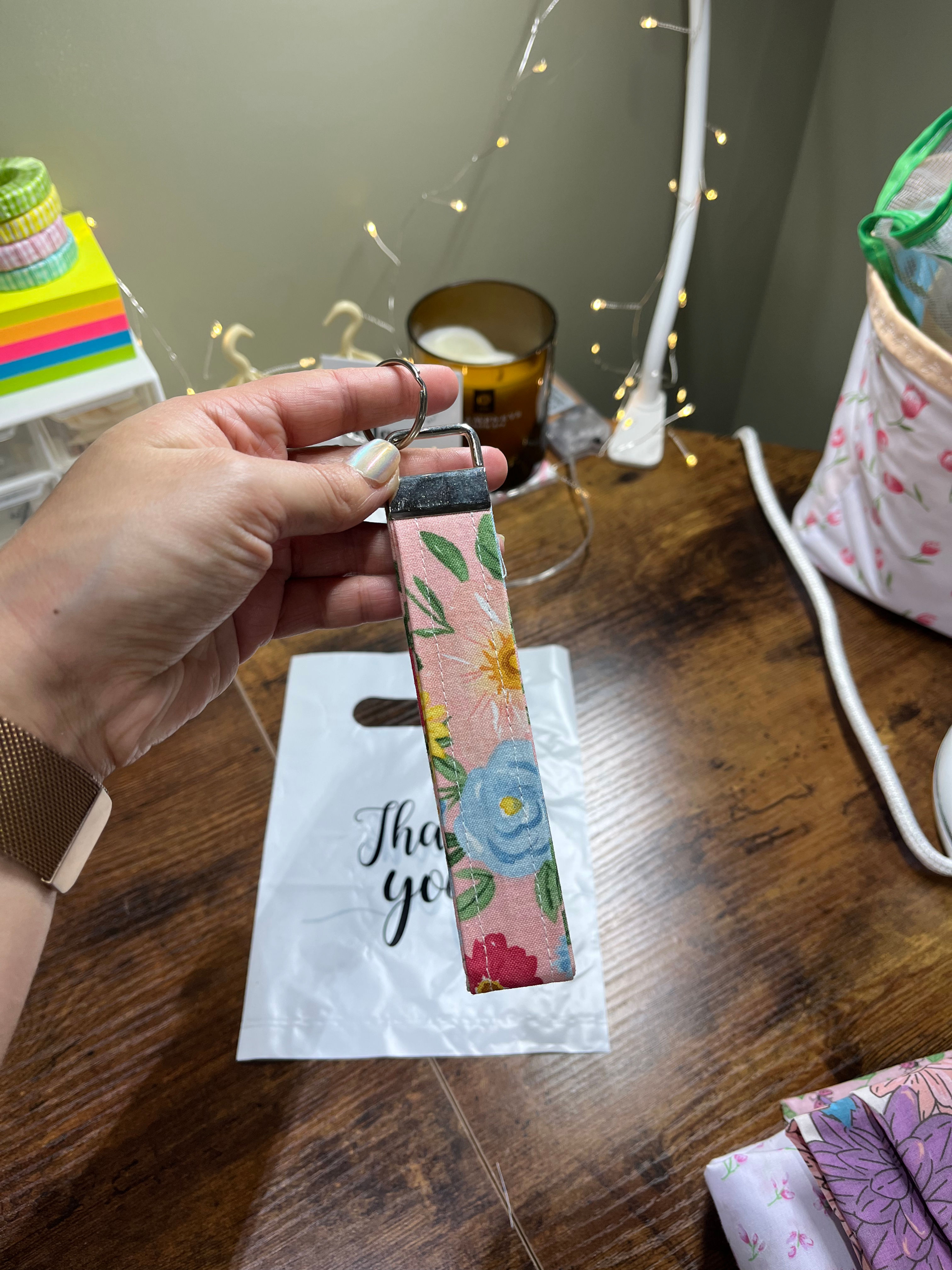 Pink floral keychain wrislet