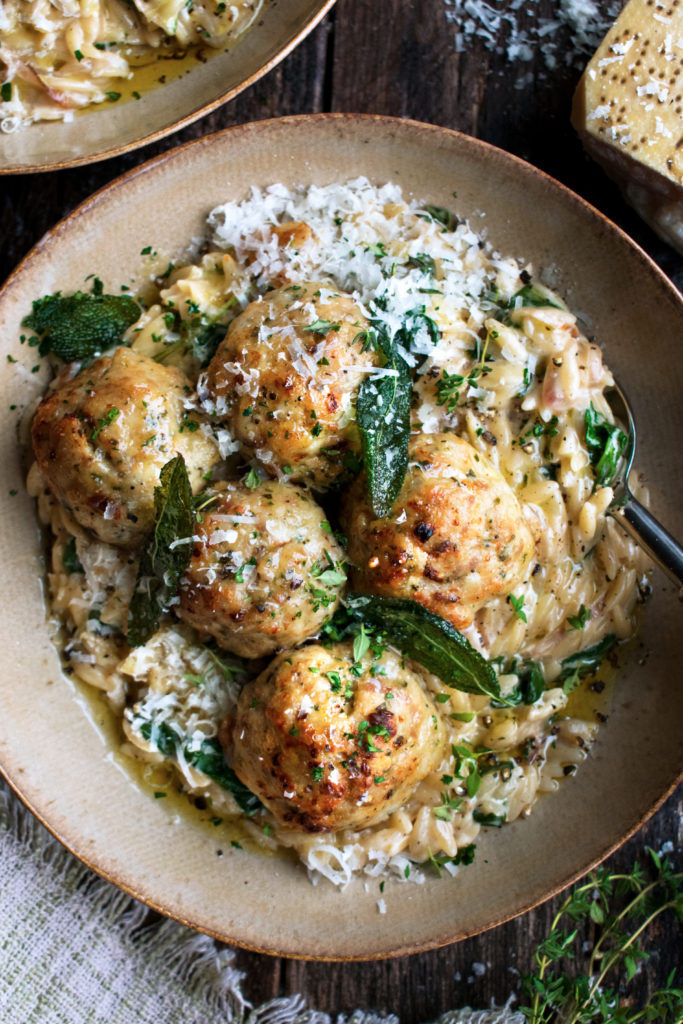 Baked Sage Chicken Meatballs and Parmesan Orzo