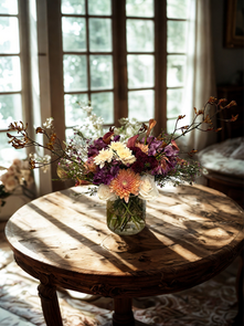 mauve violet rustic flowers on a coffee table