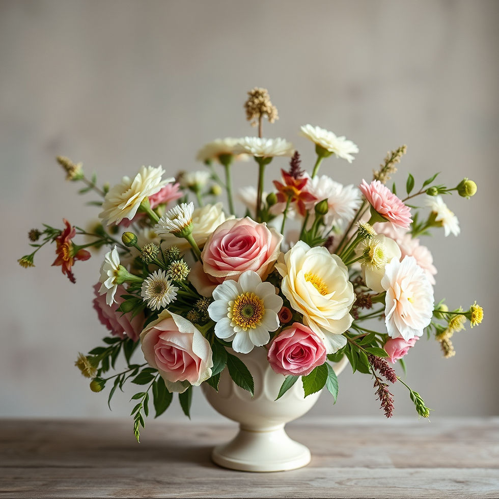 Boho floral bouquet on a rustic wooden table, sunlight streaming through large windows, creating a serene, warm ambiance.
