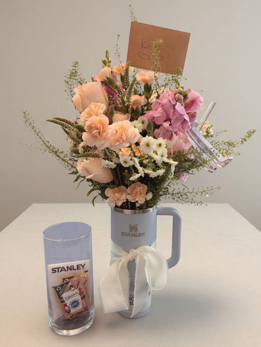 Flower arrangement in a Stanley Quencher Cup