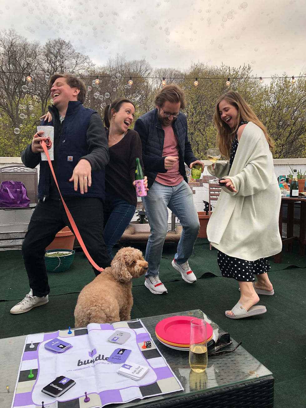 a group of four friends dancing on a rooftop with a dog and a Bundle.