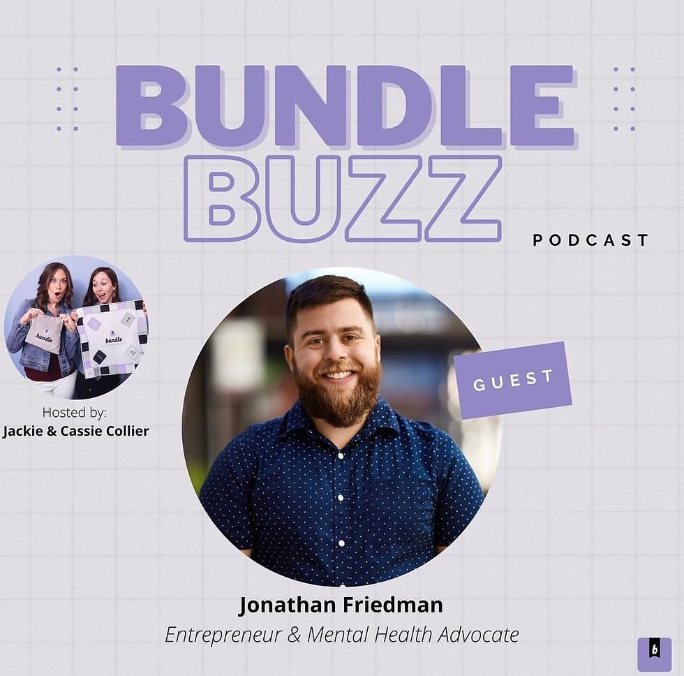 Photo of a young man smiling at the camera. Text reads Bundle Buzz Podcast Guest - Jonathan Friedman Entrepreneur and Mental Health Advocate. Next to Jonathan's photo is a photo of two youung women holding a Bundle board game. Below the photo text reads Hosted by: Jackie & Cassie Collier.