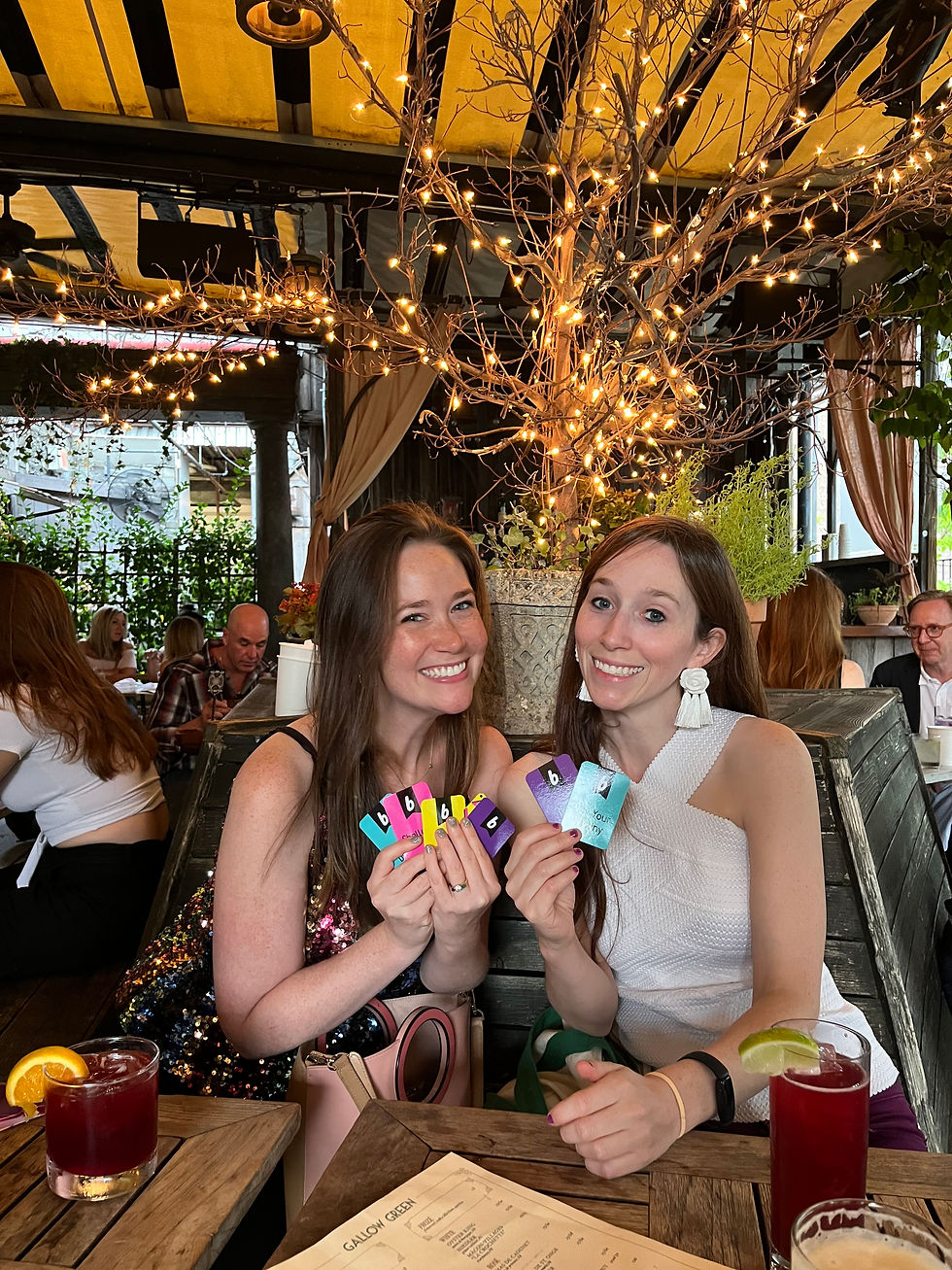There are two woman at an outdoor rooftop bar. They are smiling at the camera and holding up Bundle playing cards.