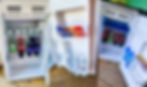 Three mini fridge interiors with assorted drinks and snacks: water bottles, soda (Coca-Cola, Sprite, Pepsi), and colorful snack bars on wooden floor.