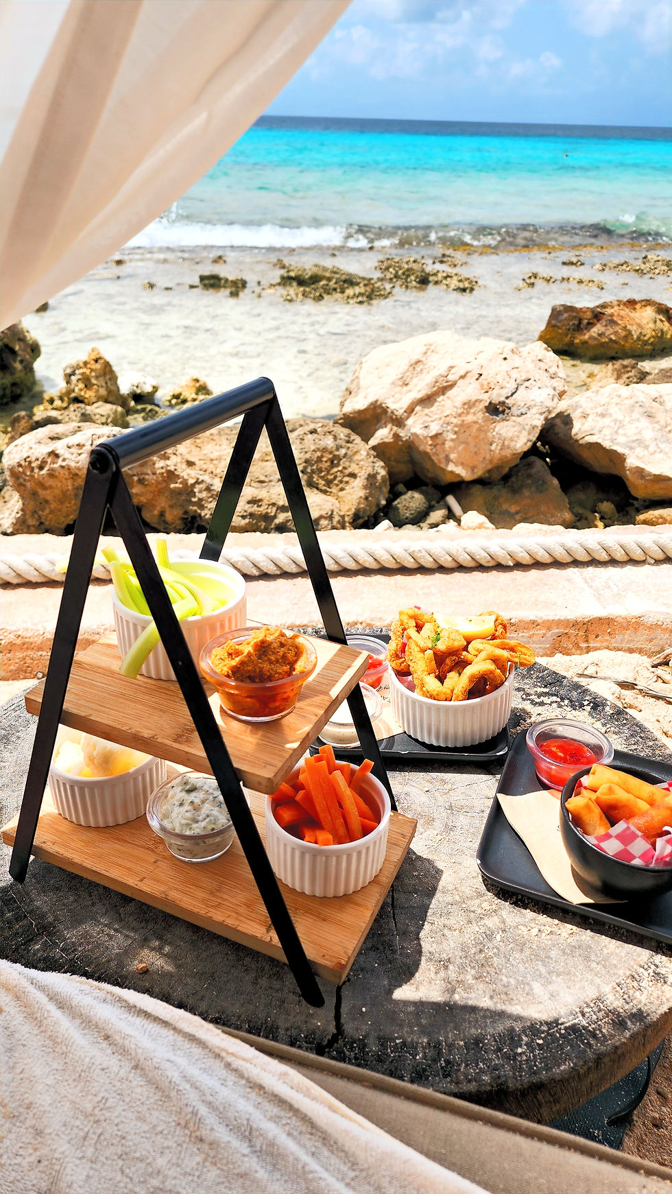 Beachside appetizer spread on a rock ledge, with dips and fried snacks overlooking turquoise ocean waves and blue sky. Ocean Oasis Bonaire