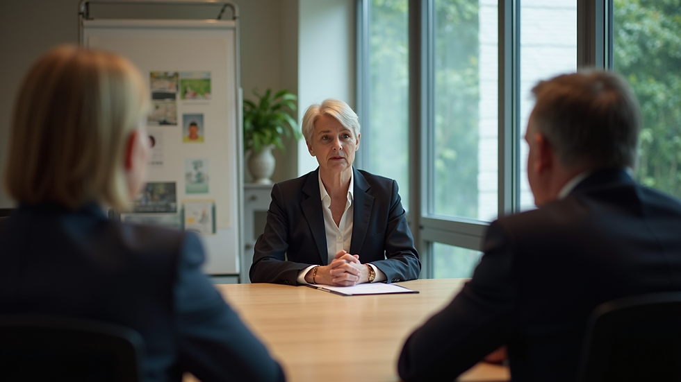 Eye-level view of a mediator facilitating a discussion between two parties