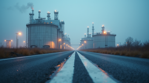Eye-level view of industrial hydrogen storage tanks at a chemical plant