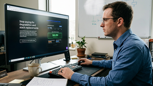 Man searching through his computer on the RuggedCell Savings Calculator