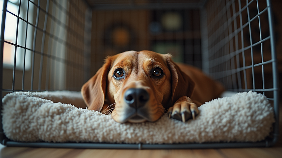 Eye-level view of a sturdy wire dog crate with a comfortable bed inside