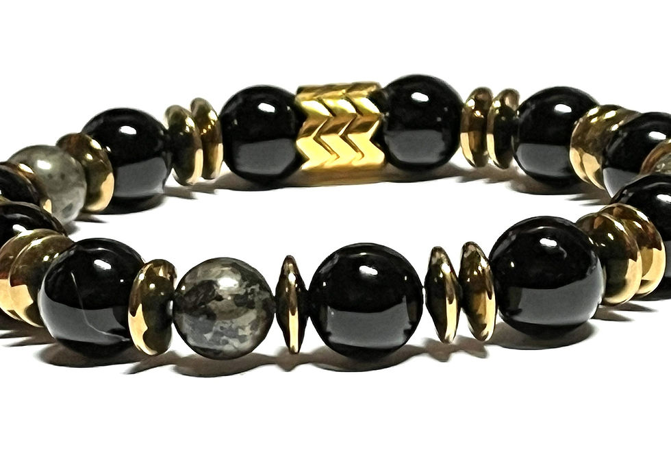 Thumbnail: 12mm Black Onyx Bracelet with Pyrite, Hematite Rondelles