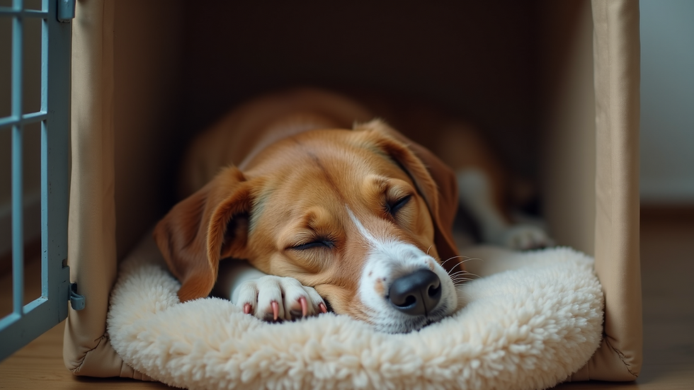 Close-up view of a dog peacefully sleeping inside a crate with a soft bed