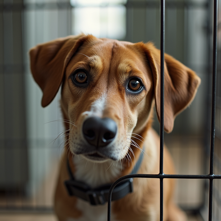 Eye-level view of a wire dog crate with a dog inside