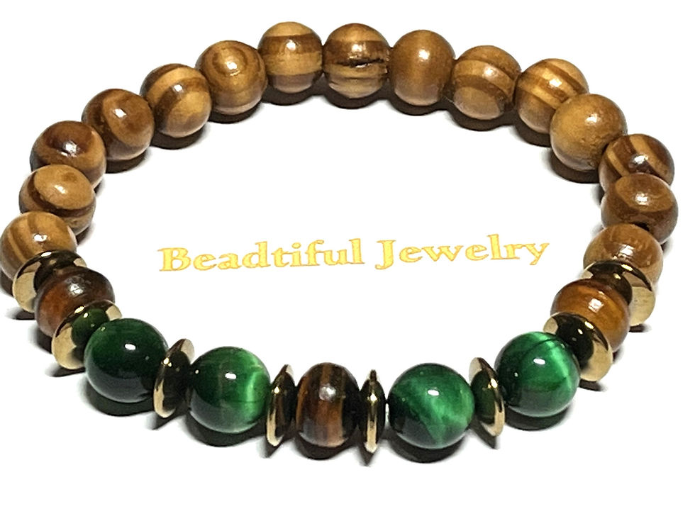 Thumbnail: 10mm Natural Gain Wood Beaded Bracelet - Green Tiger's Eye