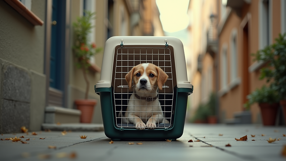 Eye-level view of a plastic travel dog crate