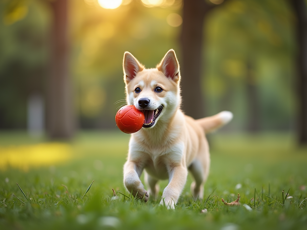 Close-up view of a dog happily playing with a chew toy outside.