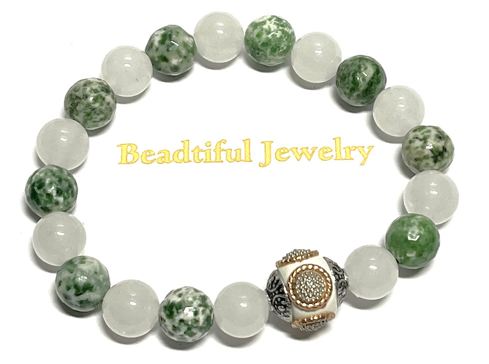 Thumbnail: Natural Green Spot Jasper & White Jade Bracelet Indonesian Bracelet Women