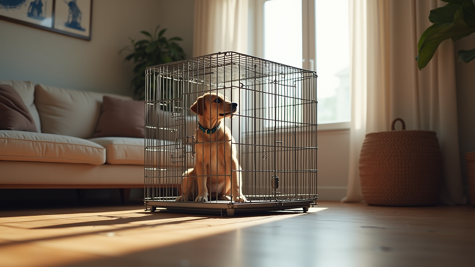 Eye-level view of a spacious metal dog crate in a living room