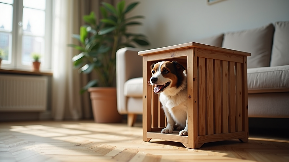Eye-level view of a wooden stylish dog crate in a modern living room