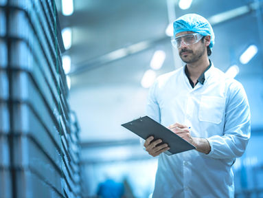 Inspector reviewing production processes in a clean facility Focus on quality control safety measures and workflow efficiency in food manufacturing.