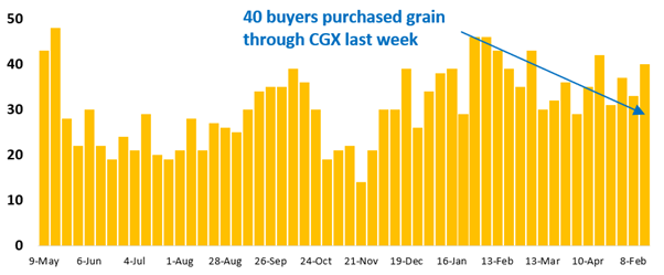 40 buyer businesses purchased grain through Clear Grain Exchange (CGX) last week. More buyers were searching for grain offered for sale.