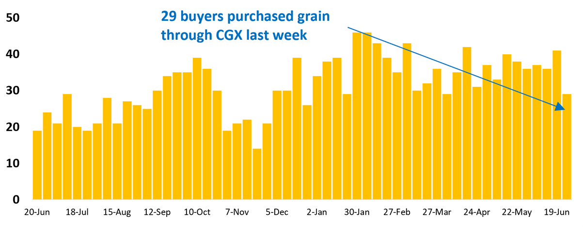 29 buyer businesses purchased grain through Clear Grain Exchange (CGX) last week. More buyers were searching for grain offered for sale.