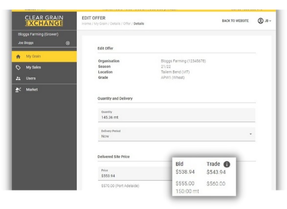 image - bid and trade grain information on offer page