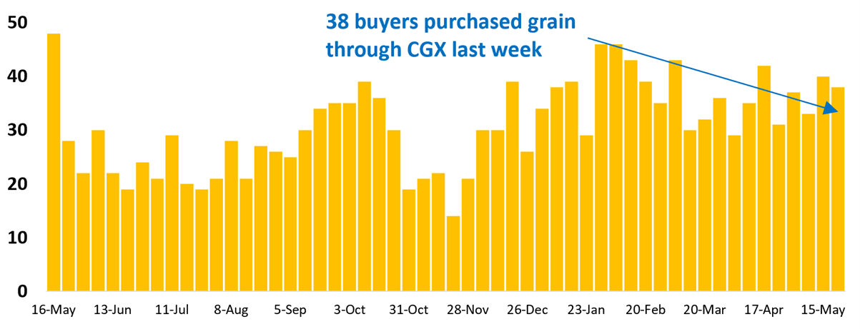 38 buyer businesses purchased grain through Clear Grain Exchange (CGX) last week. More buyers were searching for grain offered for sale.